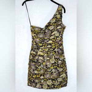 Zara Dress One Shoulder Ruched Bodycon Floral Mini Yellow Purple SZ Extra Small